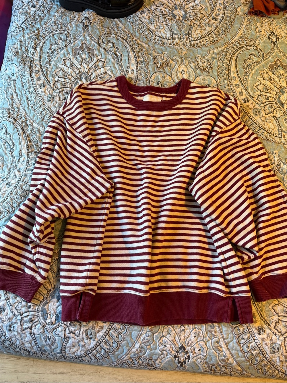 aerie Striped Crewneck Sweater in Burgundy and Cream